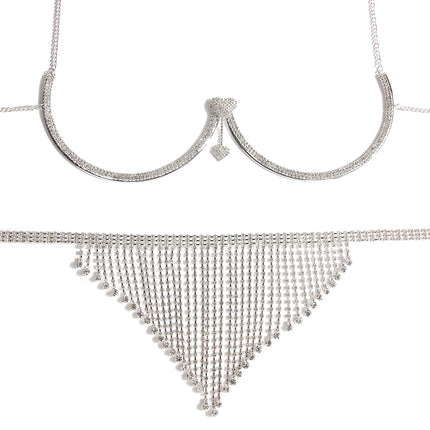 European and American Cross-Border Jewelry Luxury Rhinestone Bra Support Underwear Chain Set Sexy Nightclub Love Pendant Body Chain Set