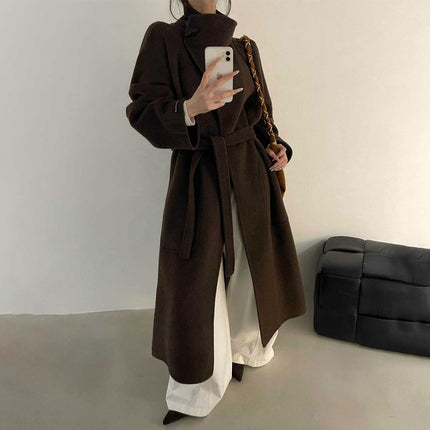 New Stand Collar Elegant Commuter Style Double-Sided Wool Coat for Women, Alpaca Wool, Extended Loose Version, Thickened Woolen Jacket