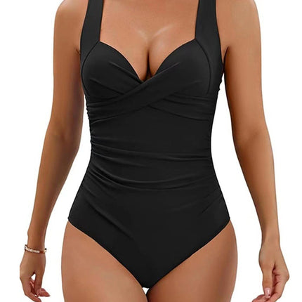 2024 new European and American tight one-piece bikini swimsuit solid color sexy tight beach wading hot spring holiday swimming