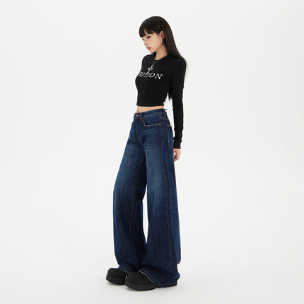 Raccoon Dark Blue Wide-Leg Jeans for Women Autumn and Winter 2025 New Straight-Leg Loose Draped Cat Pattern Tall Pants