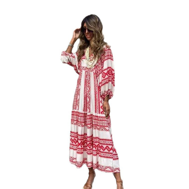 European and American Plus-Size Women's Loose-Fitting Bohemian Round-Neck Lantern-Sleeve Sweet Girl Dress Wholesale from Source Factory