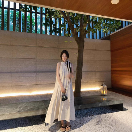 Retro Elegant Long Dress Mori Style Cold Dark Pattern Bamboo New Chinese Style National Style Sleeveless Neck dress Women