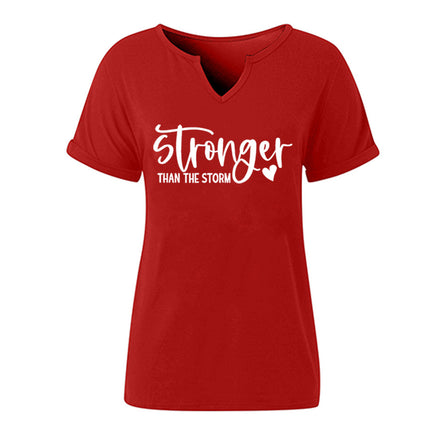 Amazon Cross-Border Spring and Summer New Product V-Neck Rolled Sleeves Stronger Than the Storm Letter Print
