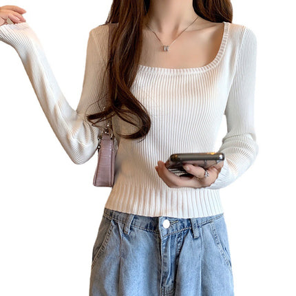 Square Neck Sweater Women's Spring and Autumn Thin Small Super A Figure High Waist Short Outer Knitted Top