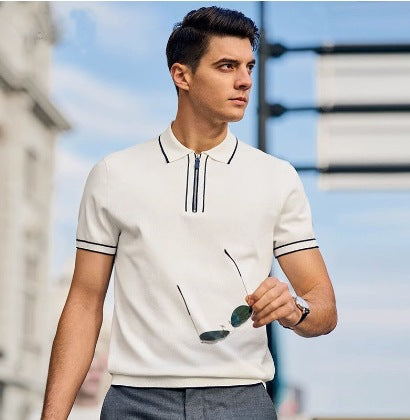 2025 Men's Knitted Polo Shirt Handsome Summer Trendy Men's Right Shoulder Shirt Collar American Zipper Lapel Stripesd T-Shirt