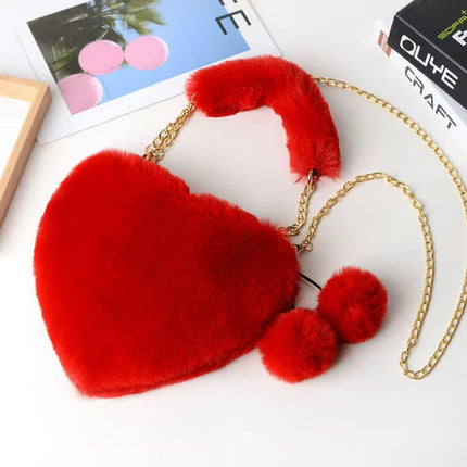 Autumn and Winter Portable Heart Plush Bag, Fashionable Chain Crossbody Plush Bag, Peach Heart Bag, Popular Fur Trendy Style for Women