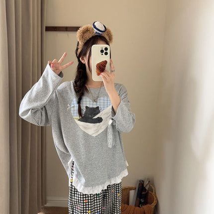 Autumn and Winter Long-Sleeved Trousers Casual Pajamas Nap Kitten Fashion Lace Can Be Worn Outside Home Clothes Set