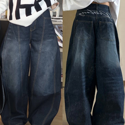 Strawberry Bear Classmate American Retro Dark Blue Letter Print Jeans Scimitar Wide-Leg Floor-Length Pants for Women