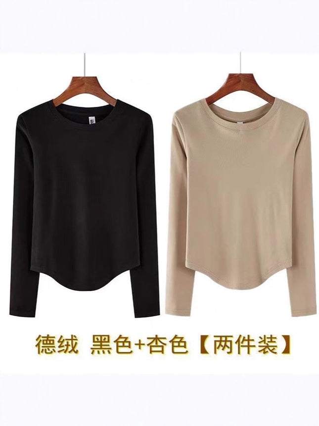 Autumn and Winter Thickened Short Irregular Long-Sleeve T-Shirt for Women, Brushed Slim-Fit Base Layer Top