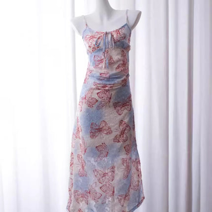 Butterfly Transformation Red/Apricot Print Dress Holiday Long and Short Suspender Skirt Fresh and Elegant Fashionable National Style