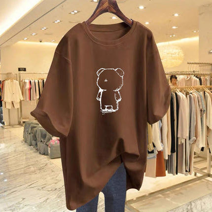 White Long Bear Printed T-shirt Women's Summer 2025 New European plus size Loose Butt Covering Long T-shirt