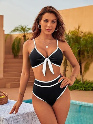 2025 New Bikini Color Split High Waist Split Swimsuit Sexy European and American Gather Swimsuit Cross-border Bikini Women