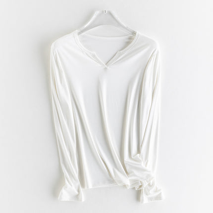 25 Spring First Choice Elegant Basic Small V Neck Long-Sleeved Slimming Look Bottoming Shirt Top Silk Basic Skin Nourishing Clothing