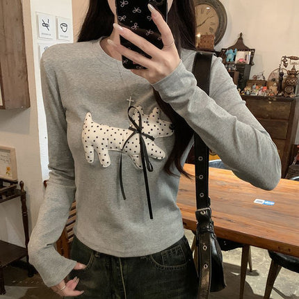 Pure Cotton Three-dimensional Dog Decorative Long-sleeved T-shirt Women's Early Autumn New Slim-fit Bow Round Neck Top