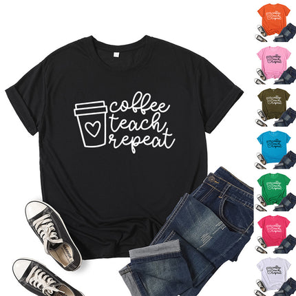 in stock Foreign Trade Cross-border Coffee Tea Repeat Printed Short-sleeved Crewneck T-shirt for European and American Men and Women
