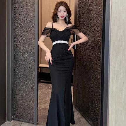 Nightclub Suspender Dress, Banquet Host Car Model Dress, Sexy Long Slit Floor-Length Women's Dress