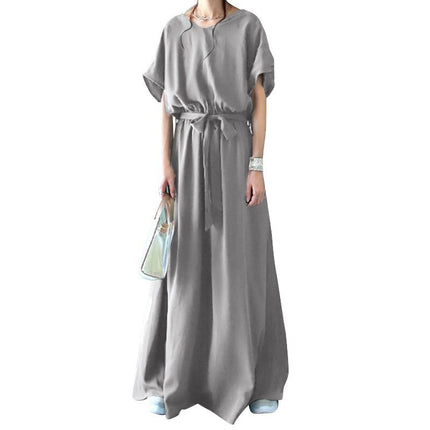 2023 cross-border Japanese skirt V-neck belt lace-up short sleeve large swing dress loose plus size mop skirt