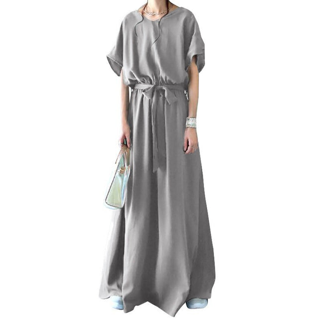 2023 cross-border Japanese skirt V-neck belt lace-up short sleeve large swing dress loose plus size mop skirt