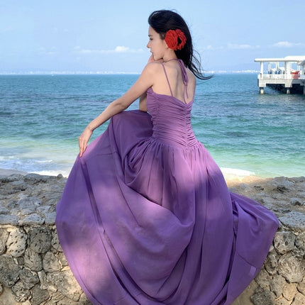 Real shot retro light luxury deep V drawable sexy chiffon suspenders dress famous seaside purple