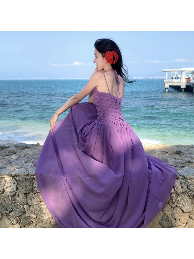Real shot retro light luxury deep V drawable sexy chiffon suspenders dress famous seaside purple