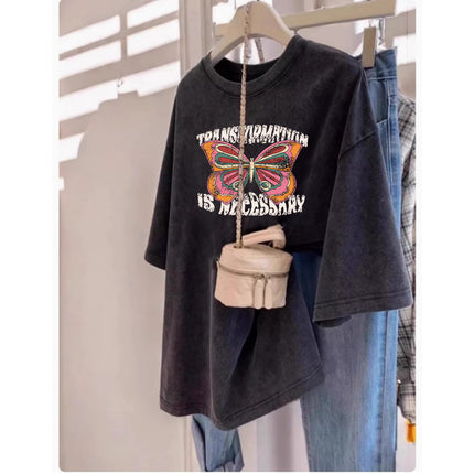 Pure Cotton Washed Distressed Short-Sleeved T-Shirt for Women Summer Large Size Loose European and Korean Couple Design Half-Sleeved Top Trendy Ins