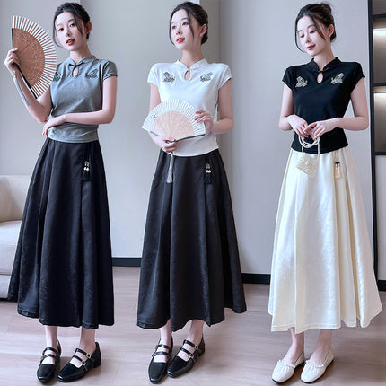 New Chinese-style Xi Shi Skirt Spring and Summer Skirt Solid Color Stitching Long National Style Breathable Casual All-match Slimming Large Swing Skirt