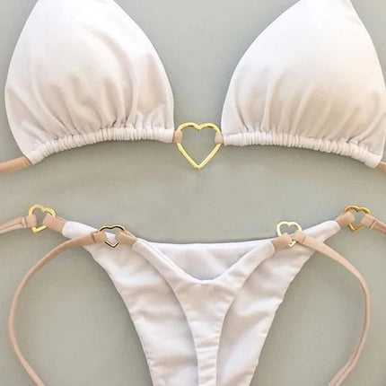 2025 New European and American Metal Decorative Halterneck Push-Up Bikini Brazilian Sexy Pure Color Split Swimsuit Bikini