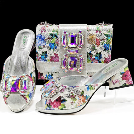 Cross-border Women Open Toe High Heel Slippers Snake-like Fabric Bright Eye Diamond Buckle Decoration Square Soft Bag Fashion Shoe Bag