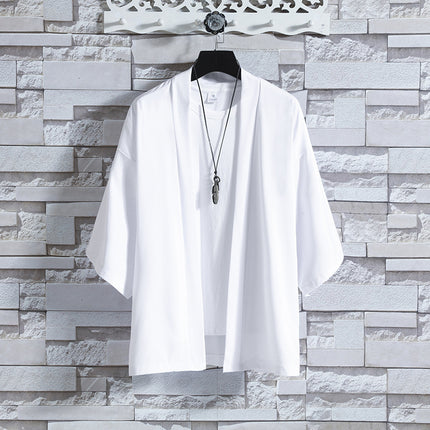 New Cross-border Summer Men's Simple Solid Color Cardigan Casual Loose Guofeng Seven-sleeve Ice Silk Cardigan Shirt for Men
