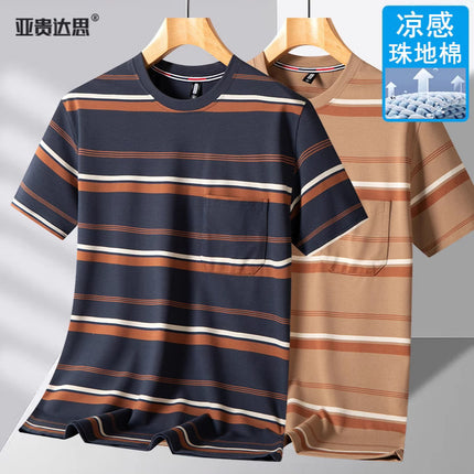 Dad T-shirt short sleeve summer pocket round neck yarn-dyed striped middle-aged men's top middle-aged and elderly plus size men's clothing