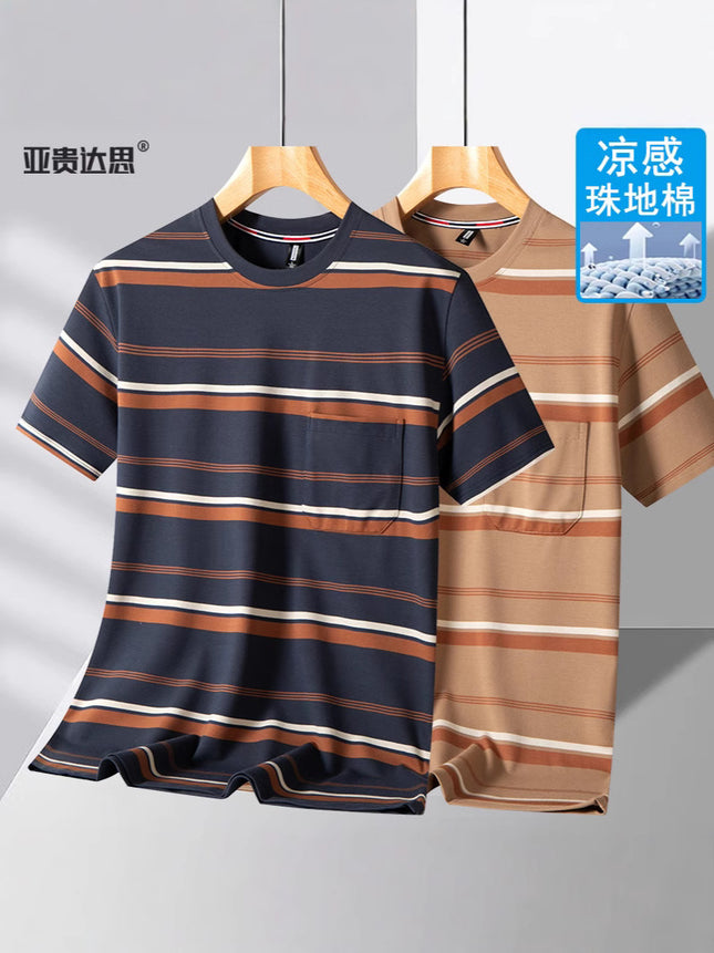 Dad T-shirt short sleeve summer pocket round neck yarn-dyed striped middle-aged men's top middle-aged and elderly plus size men's clothing