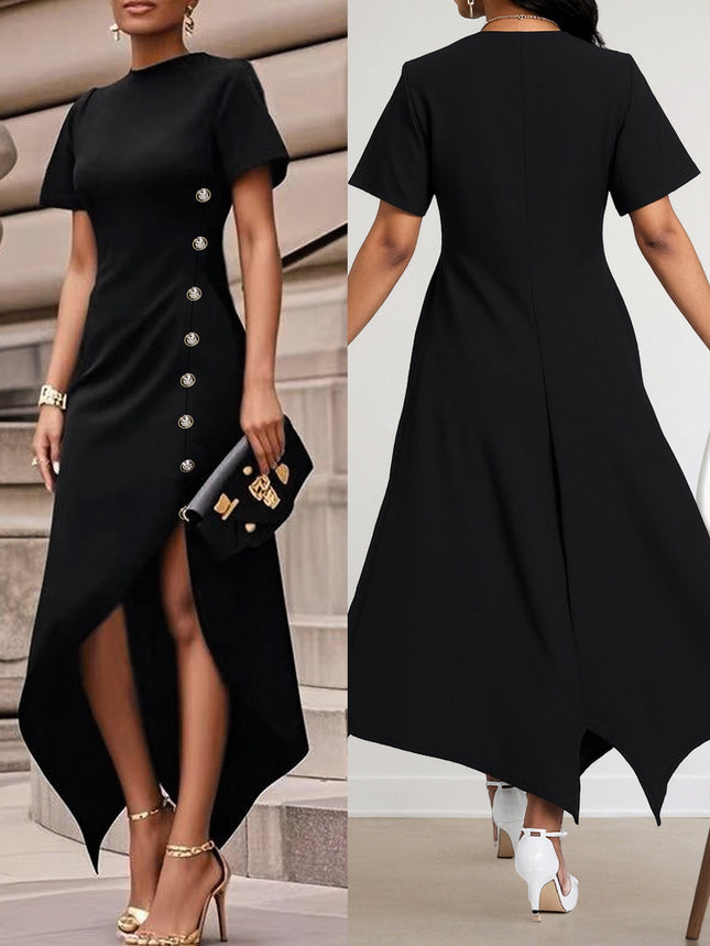 Cross-border Amazon European and American Women's Fashion Elegant Irregular Hem Side Button Decoration dress