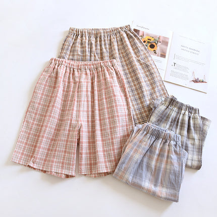 Couples Shorts Pure Cotton Washed Cotton Women's Home Shorts Loose Summer Thin Men's Plaid Beach Pants