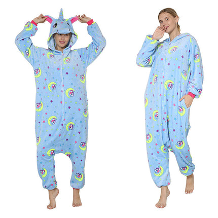 Cartoon One-Piece Cross-Border New Flannel Autumn and Winter Pajamas Animal Luminous Pegasus Dinosaur Couple Pajamas Home Clothes