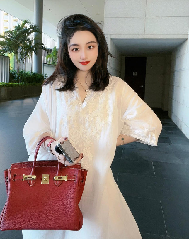 Retro half-open collar cotton and linen dress women's 2024 Summer new artistic style high-end embroidered holiday style midi dress