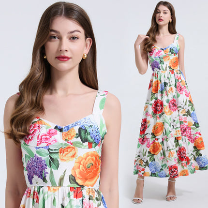 Real Shot Summer Positioning Printed Positioning Sling Slim-fit Waist dress Back Rubber Dress