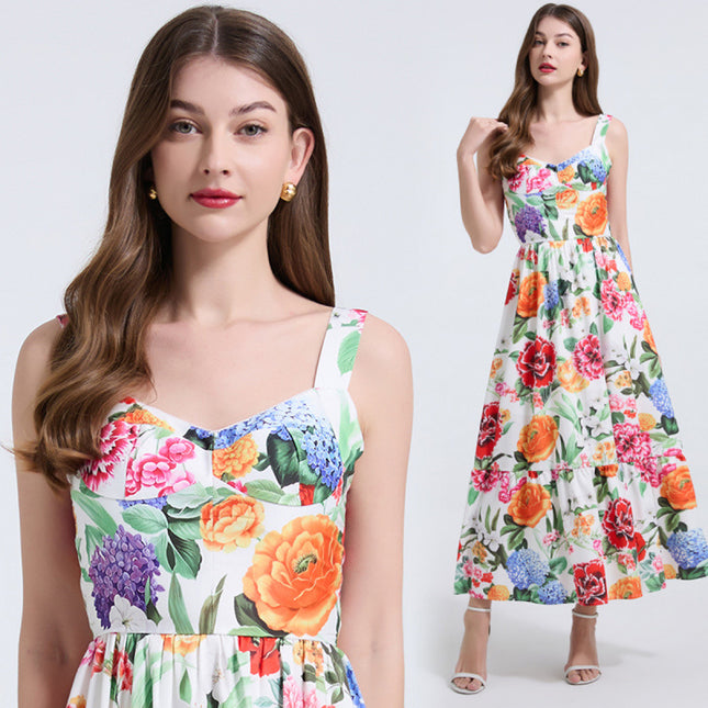 Real Shot Summer Positioning Printed Positioning Sling Slim-fit Waist dress Back Rubber Dress