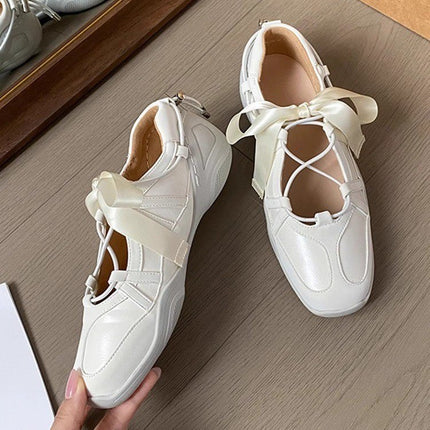Sheepskin Version ~ Niche Fashion Strappy Ballet Casual Sneakers for Women Thick-Soled Bow Silver Mary Jane Shoes
