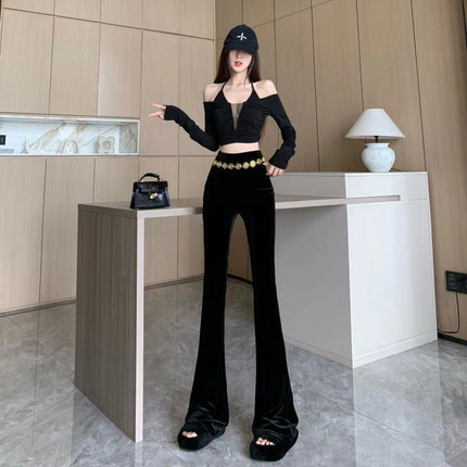 Cross-border high-grade velvet micro-pants women's 2024 autumn and winter new fashion chain high waist slim long drooping pants