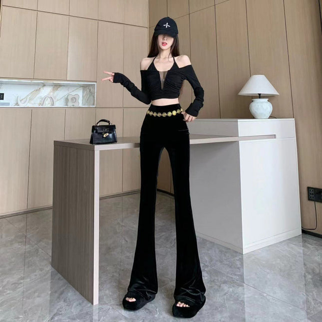 Cross-border high-grade velvet micro-pants women's 2024 autumn and winter new fashion chain high waist slim long drooping pants