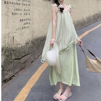 Seaside Resort Style Suspender Dress for Women Summer Small Fresh Green Tassel Splicing Fake Two-piece Elegant Long Skirt