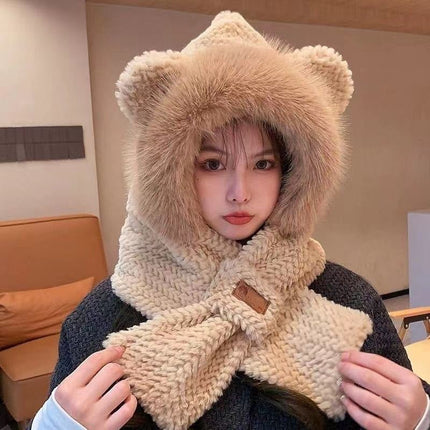 Autumn and Winter Hats for Women, Cute Plush Scarf, Thickened Integrated Neck Warmer, Plush Hat for Cycling, Warm Ear Protection Hat