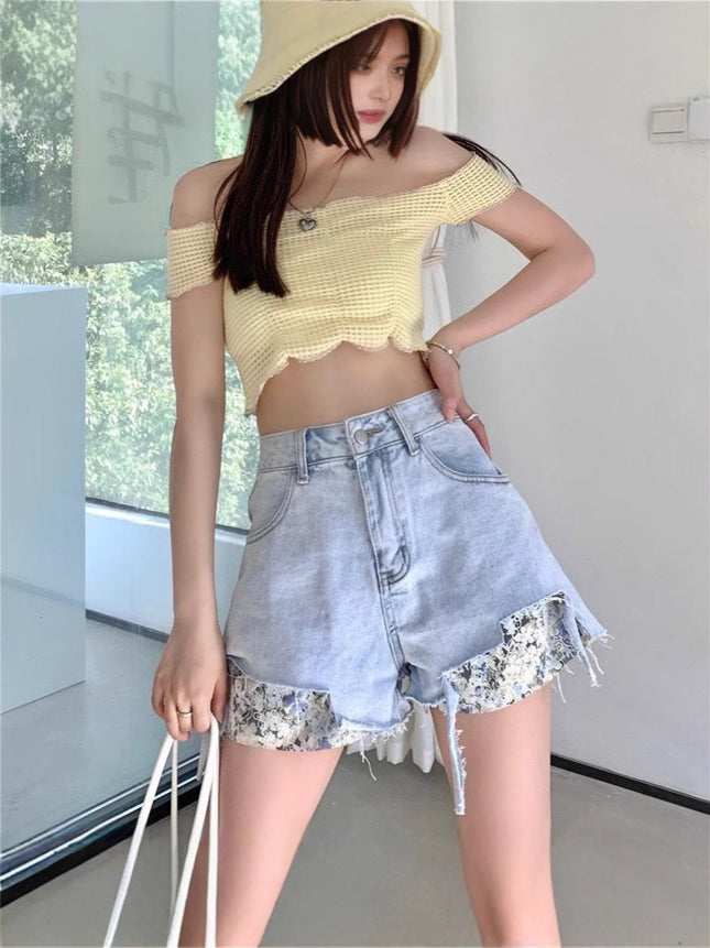 Blue Ripped Denim Shorts Women's Summer Hot Girl Trendy ins2025 New High Waist A- line Wide Leg Hot Pants