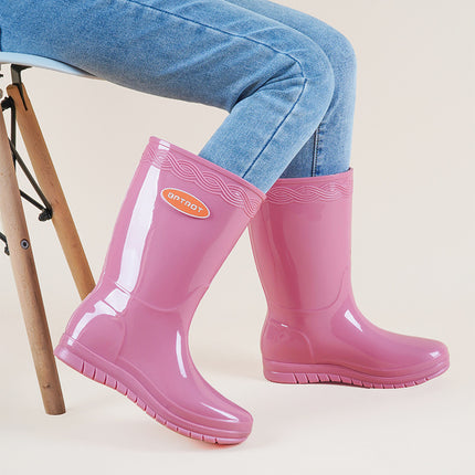 Women's Rain Shoes Korean Style Fashionable Mid-barrel High-bark Rain Boots Thick Sole Non-slip Waterproof Plus Cotton Velvet Warm Cover Shoes Outdoor Water Shoes