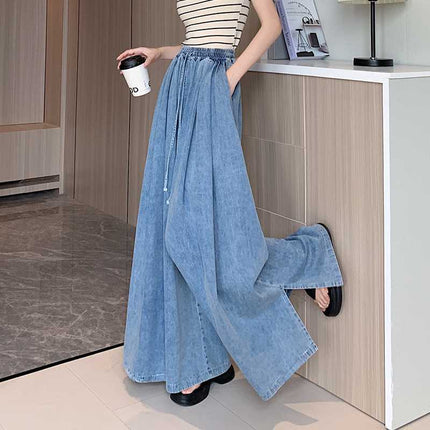 Real shot 2025 spring new loose plus size jeans women's wide leg slim mop pants women's simple trouser skirt