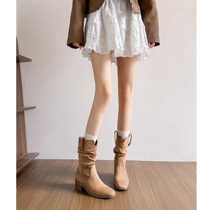 Retro Thick Heel Mid-Calf Boots for Women 2023 New Spring, Autumn and Winter Niche Western Cowboy Shoes Slim Short Boots