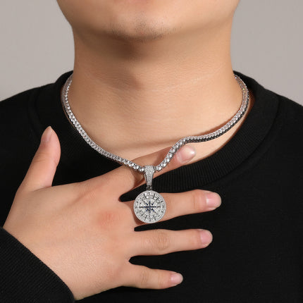 European and American hip-hop diamond-encrusted gold compass pendant necklace personality retro copper material pendant creative cross-border jewelry
