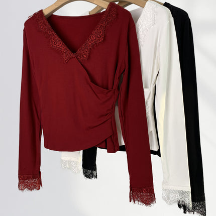 Ancola Red Sexy Pure Desire Style Lace Top Autumn and Winter New Brushed fleece-lined Thickened Cross V-neck Base Shirt