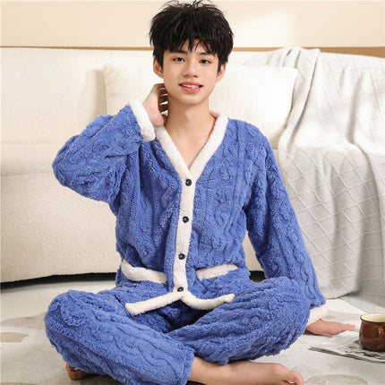 2023 New flannel pajamas men's autumn and winter warm coral fleece suit factory wholesale warm home wear