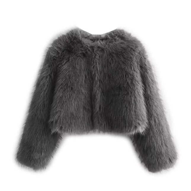 Foreign Trade European and American Winter New Style Fashionable Round Neck Long-Sleeved Artificial Fur Gray Jacket for Women 6318261